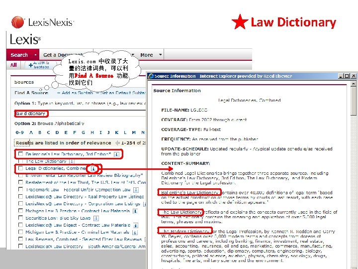 Law Dictionary Lexis. com 中收录了大 量的法律词典，可以利 用Find A Source 功能 找到它们 Lexis. Nexis® 68