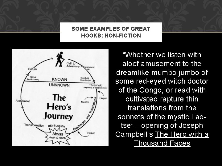 SOME EXAMPLES OF GREAT HOOKS: NON-FICTION “Whether we listen with aloof amusement to the