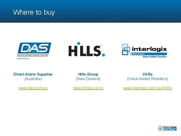 Where to buy Direct Alarm Supplies (Australia) Hills Group (New Zealand) VARs (Value Added