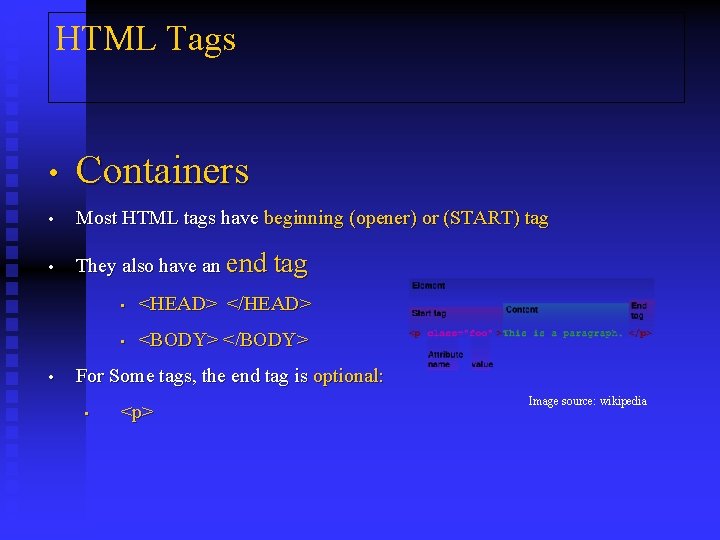 HTML Tags • Containers • Most HTML tags have beginning (opener) or (START) tag