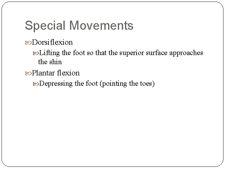 Special Movements Dorsiflexion Lifting the foot so that the superior surface approaches the shin
