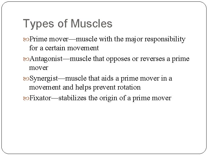 Types of Muscles Prime mover—muscle with the major responsibility for a certain movement Antagonist—muscle