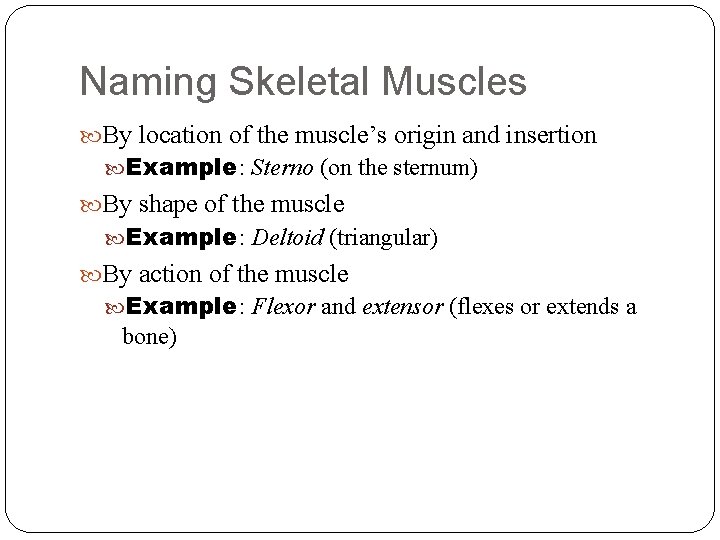 Naming Skeletal Muscles By location of the muscle’s origin and insertion Example: Sterno (on