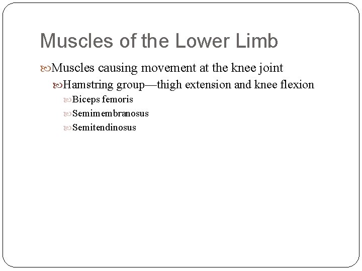 Muscles of the Lower Limb Muscles causing movement at the knee joint Hamstring group—thigh