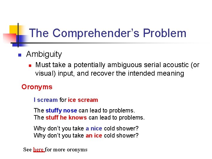 The Comprehender’s Problem n Ambiguity n Must take a potentially ambiguous serial acoustic (or