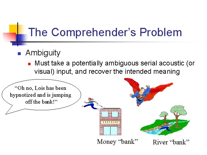 The Comprehender’s Problem n Ambiguity n Must take a potentially ambiguous serial acoustic (or