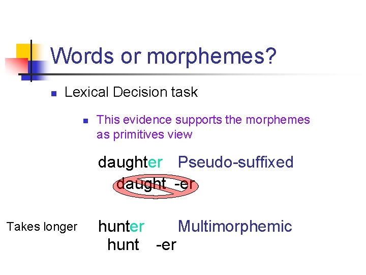 Words or morphemes? n Lexical Decision task n This evidence supports the morphemes as