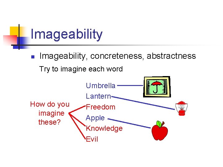 Imageability n Imageability, concreteness, abstractness Try to imagine each word How do you imagine