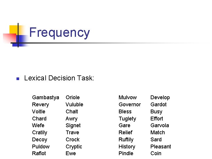 Frequency n Lexical Decision Task: Gambastya Revery Voitle Chard Wefe Cratily Decoy Puldow Raflot