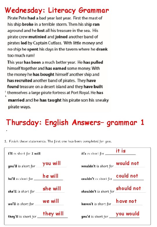 Wednesday: Literacy Grammar Thursday: English Answers– grammar 1. it is you will would not