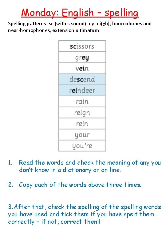 Monday: English – spelling Spelling patterns- sc (with s sound), ey, ei(gh), homophones and