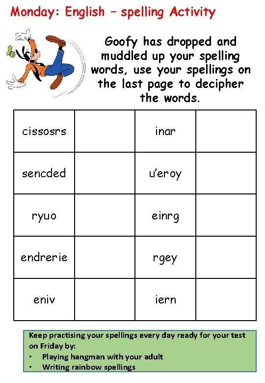 Monday: English – spelling Activity Goofy has dropped and muddled up your spelling words,