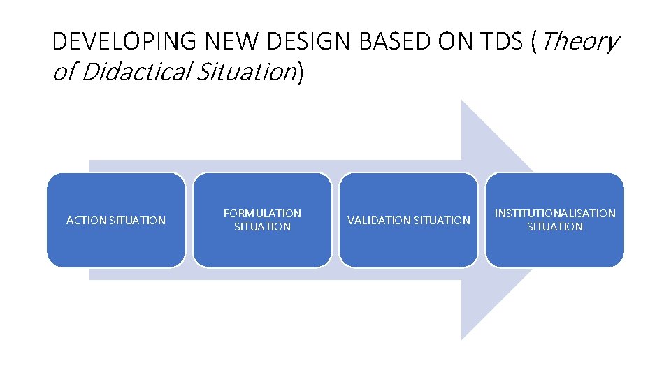 DEVELOPING NEW DESIGN BASED ON TDS (Theory of Didactical Situation) ACTION SITUATION FORMULATION SITUATION