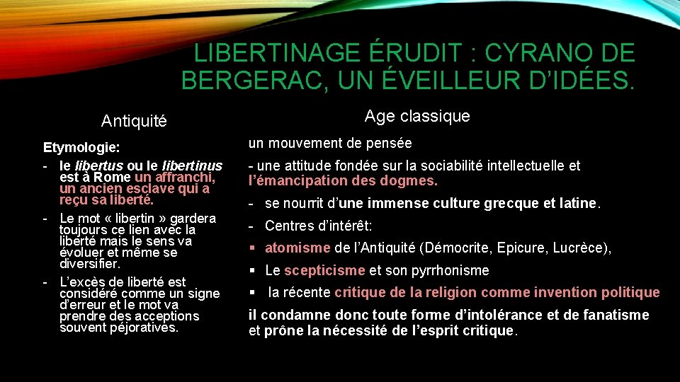 LIBERTINAGE ÉRUDIT : CYRANO DE BERGERAC, UN ÉVEILLEUR D’IDÉES. Antiquité Etymologie: - le libertus