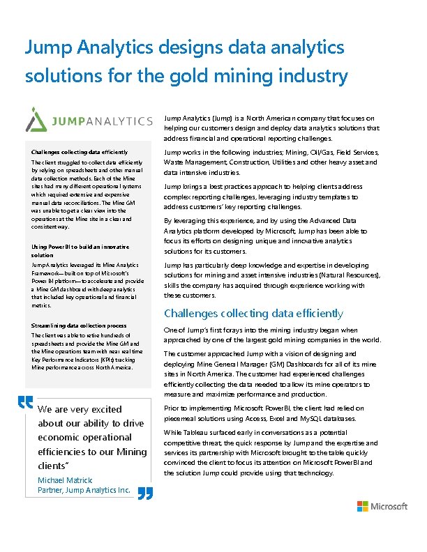 Jump Analytics designs data analytics solutions for the gold mining industry Jump Analytics (Jump)