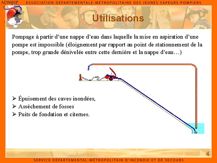 Utilisations Pompage à partir d’une nappe d’eau dans laquelle la mise en aspiration d’une