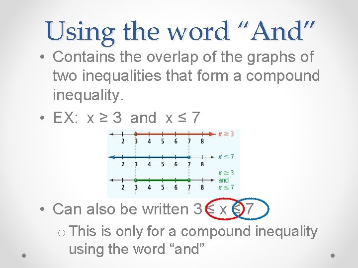 Using the word “And” • Contains the overlap of the graphs of two inequalities