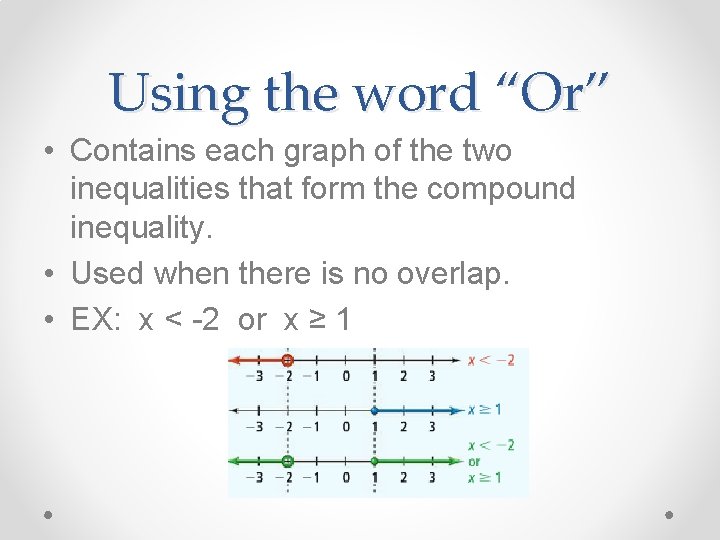 Using the word “Or” • Contains each graph of the two inequalities that form
