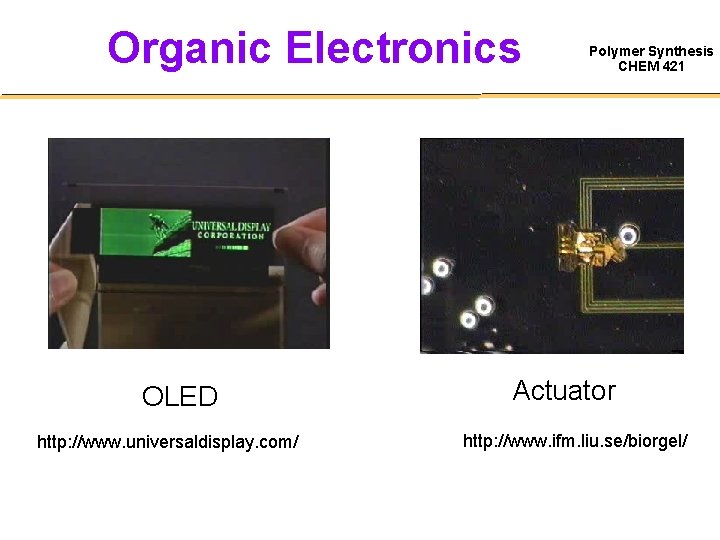 Organic Electronics OLED http: //www. universaldisplay. com/ Polymer Synthesis CHEM 421 Actuator http: //www.