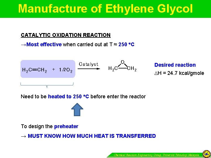 Manufacture of Ethylene Glycol CATALYTIC OXIDATION REACTION →Most effective when carried out at T