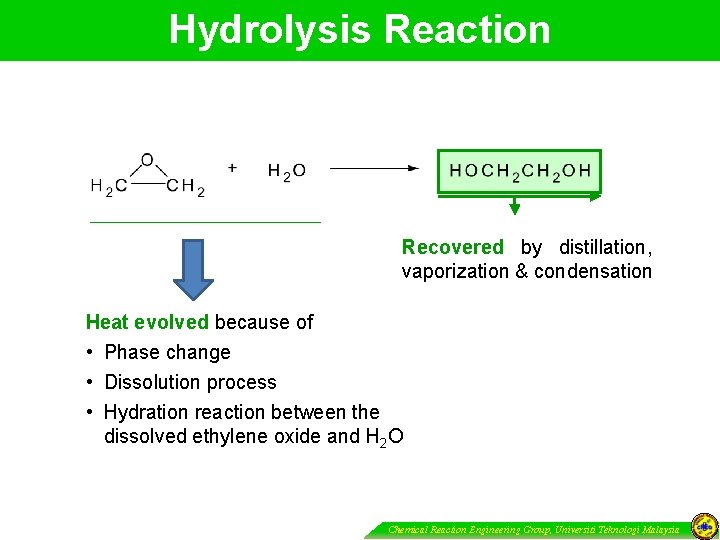 Hydrolysis Reaction Recovered by distillation, vaporization & condensation Heat evolved because of • Phase