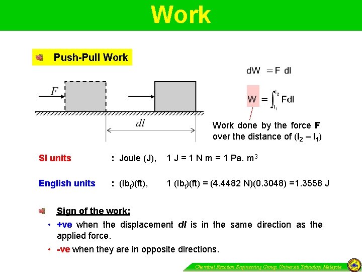 Work Push-Pull Work done by the force F over the distance of (l 2