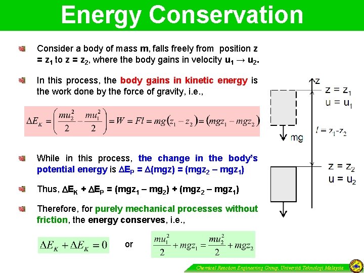 Energy Conservation Consider a body of mass m, falls freely from position z =