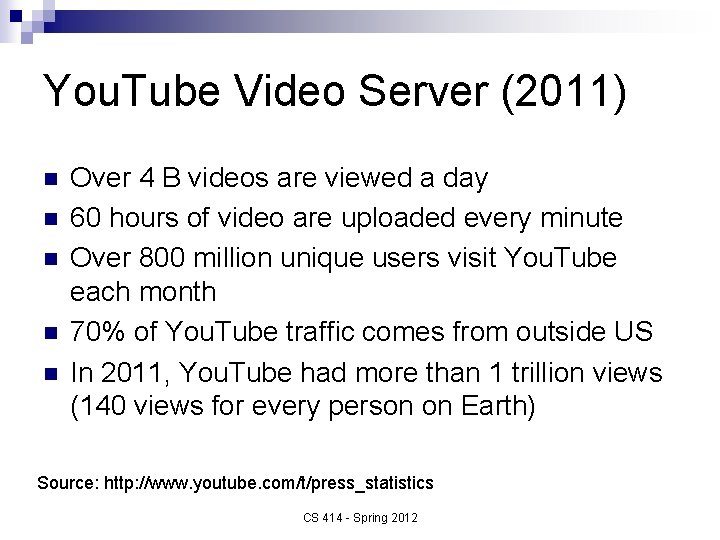 You. Tube Video Server (2011) n n n Over 4 B videos are viewed