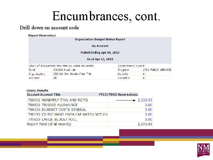 Encumbrances, cont. Drill down on account code 