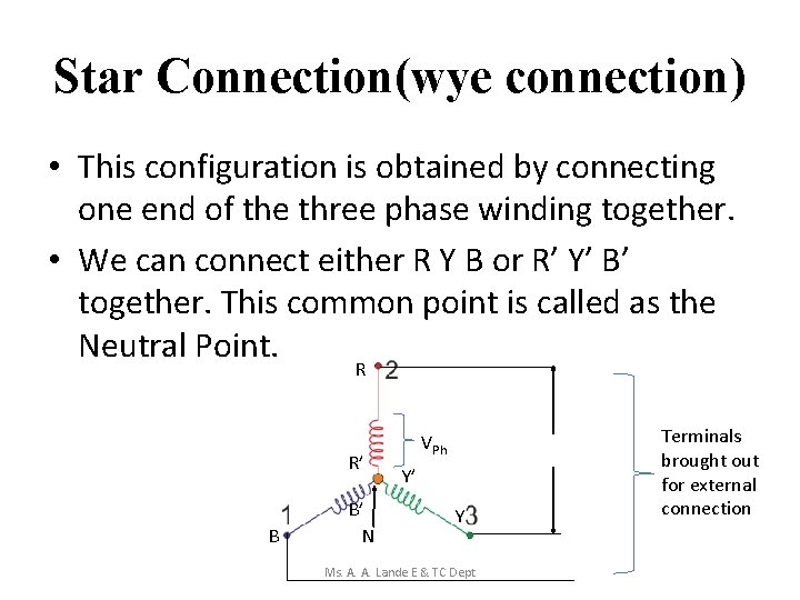 Star Connection(wye connection) • This configuration is obtained by connecting one end of the