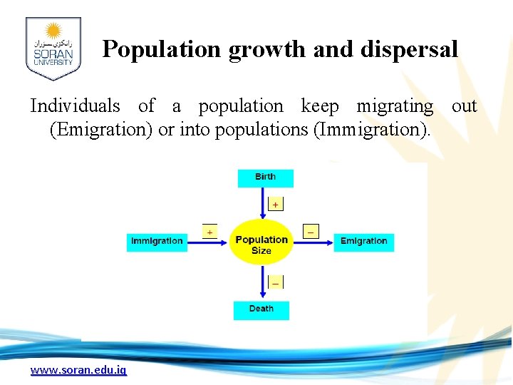 Population growth and dispersal Individuals of a population keep migrating out (Emigration) or into