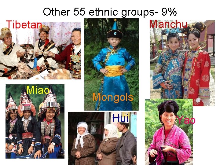 Other 55 ethnic groups- 9% Manchu Tibetan Miao Mongols Hui Yao 