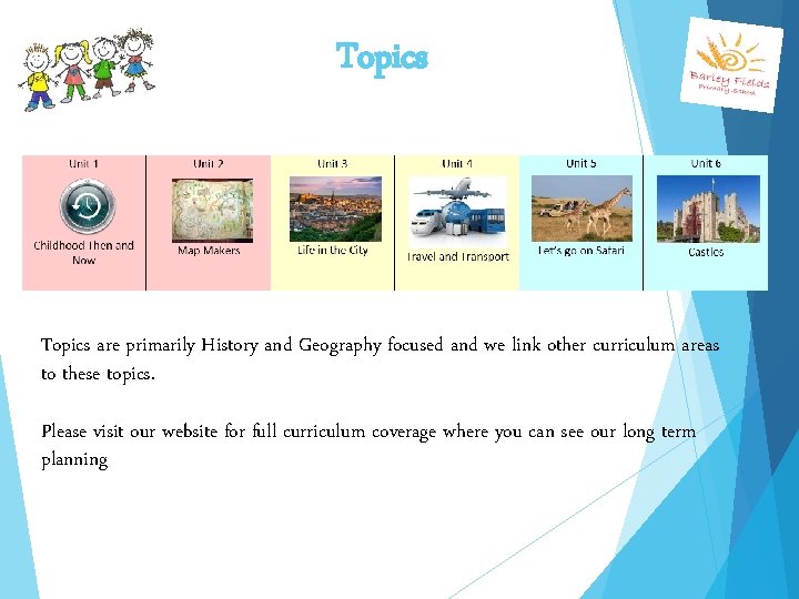 Topics are primarily History and Geography focused and we link other curriculum areas to