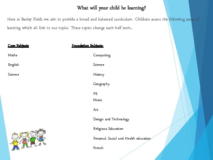 What will your child be learning? Here at Barley Fields we aim to provide