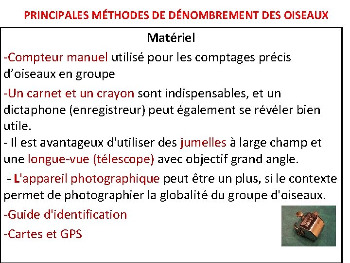 PRINCIPALES MÉTHODES DE DÉNOMBREMENT DES OISEAUX Matériel -Compteur manuel utilisé pour les comptages précis