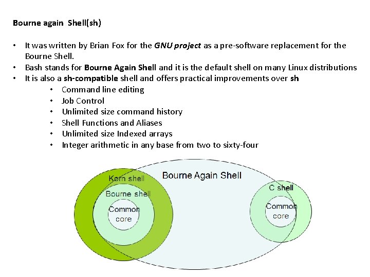 Bourne again Shell(sh) • It was written by Brian Fox for the GNU project