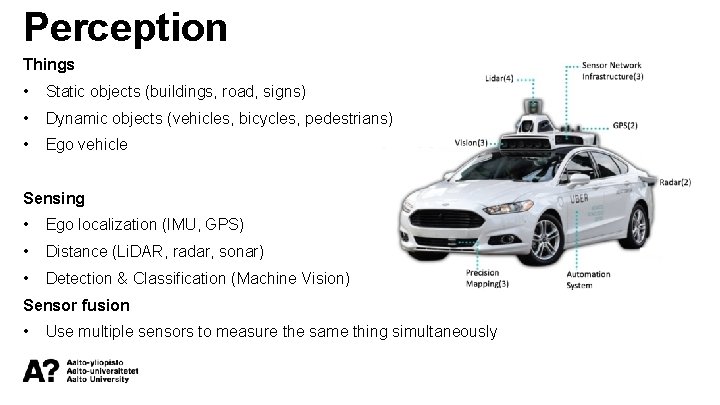 Perception Things • Static objects (buildings, road, signs) • Dynamic objects (vehicles, bicycles, pedestrians)