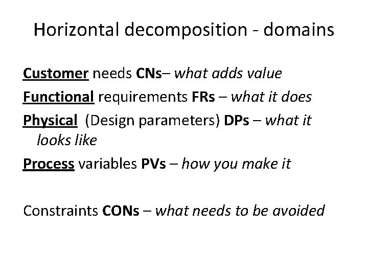Horizontal decomposition - domains Customer needs CNs– what adds value Functional requirements FRs –