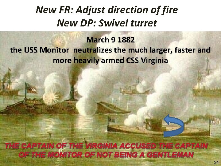 New FR: Adjust direction of fire New DP: Swivel turret March 9 1882 the