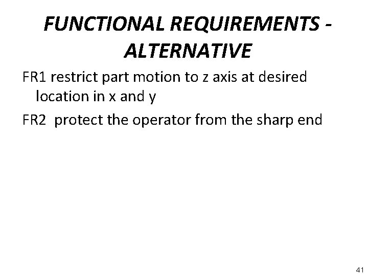 FUNCTIONAL REQUIREMENTS ALTERNATIVE FR 1 restrict part motion to z axis at desired location