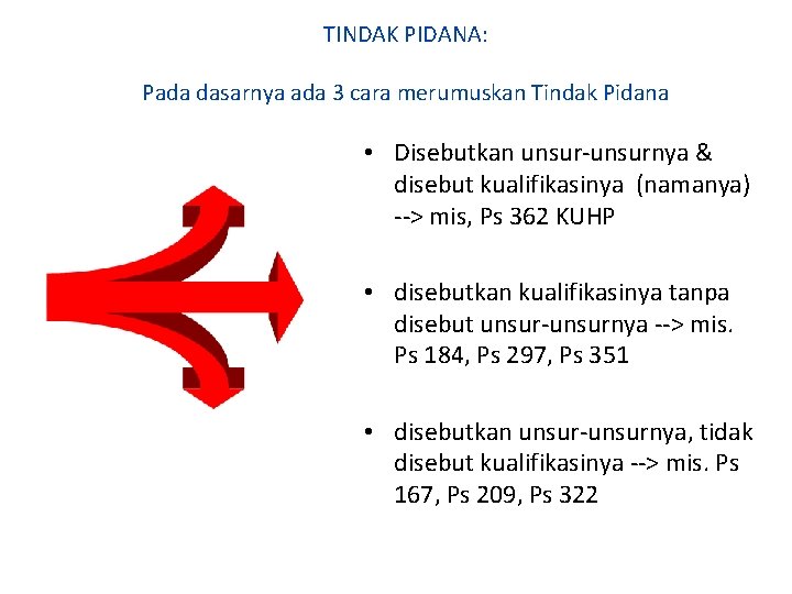 TINDAK PIDANA: Pada dasarnya ada 3 cara merumuskan Tindak Pidana • Disebutkan unsur-unsurnya &