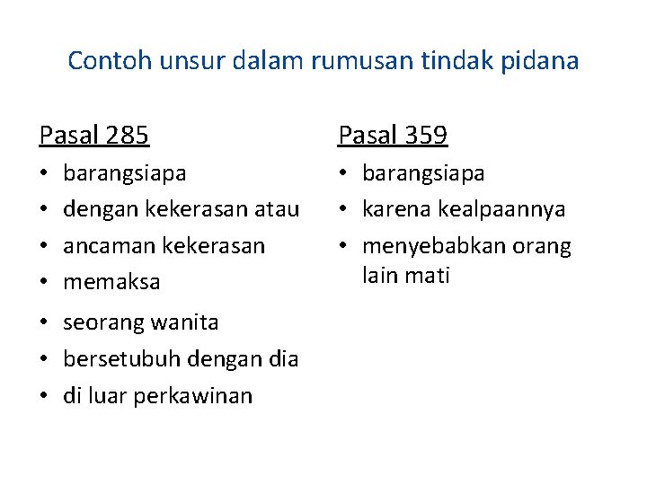 Contoh unsur dalam rumusan tindak pidana Pasal 285 • • barangsiapa dengan kekerasan atau