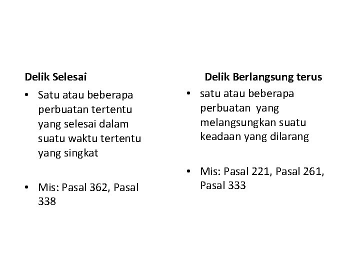 Delik Selesai • Satu atau beberapa perbuatan tertentu yang selesai dalam suatu waktu tertentu