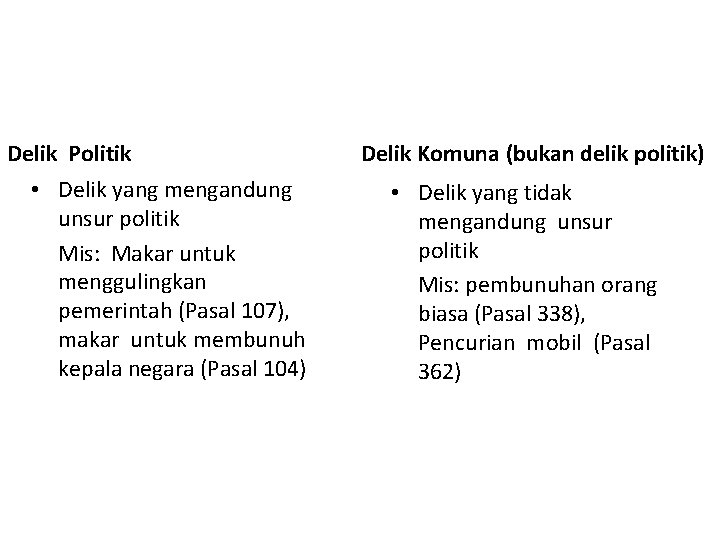 Delik Politik • Delik yang mengandung unsur politik Mis: Makar untuk menggulingkan pemerintah (Pasal