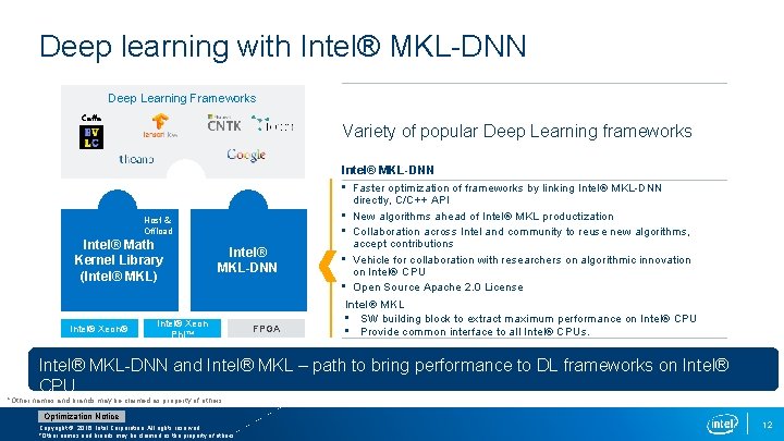 Deep learning with Intel® MKL-DNN Deep Learning Frameworks Caffe Variety of popular Deep Learning
