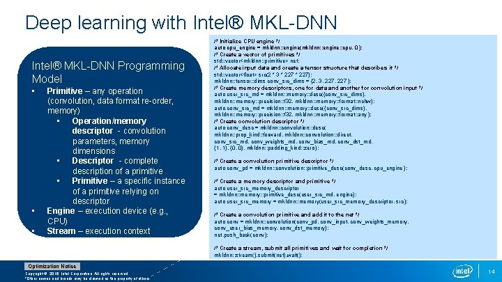 Deep learning with Intel® MKL-DNN Programming Model • • • Primitive – any operation