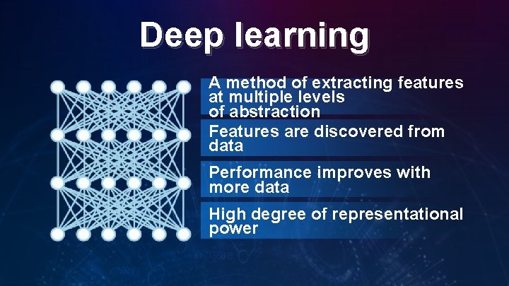 Deep learning A method of extracting features at multiple levels of abstraction Features are