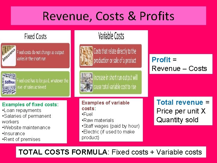 Revenue, Costs & Profits Profit = Revenue – Costs Examples of fixed costs: •