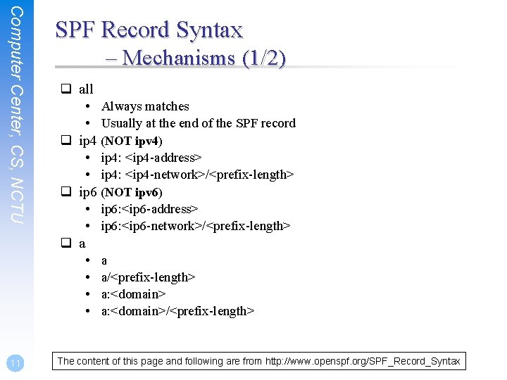 Computer Center, CS, NCTU 11 SPF Record Syntax – Mechanisms (1/2) q all •