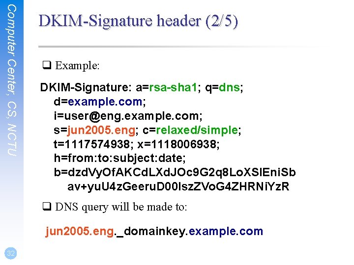 Computer Center, CS, NCTU DKIM-Signature header (2/5) q Example: DKIM-Signature: a=rsa-sha 1; q=dns; d=example.